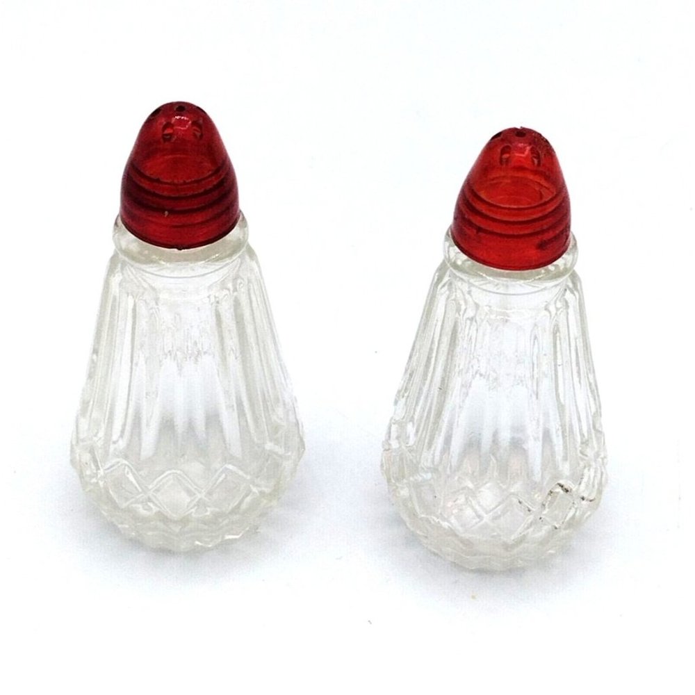 Vintage Star Pattern Red Tipped Glass Salt Pepper Shakers 2.75" Designer Glass